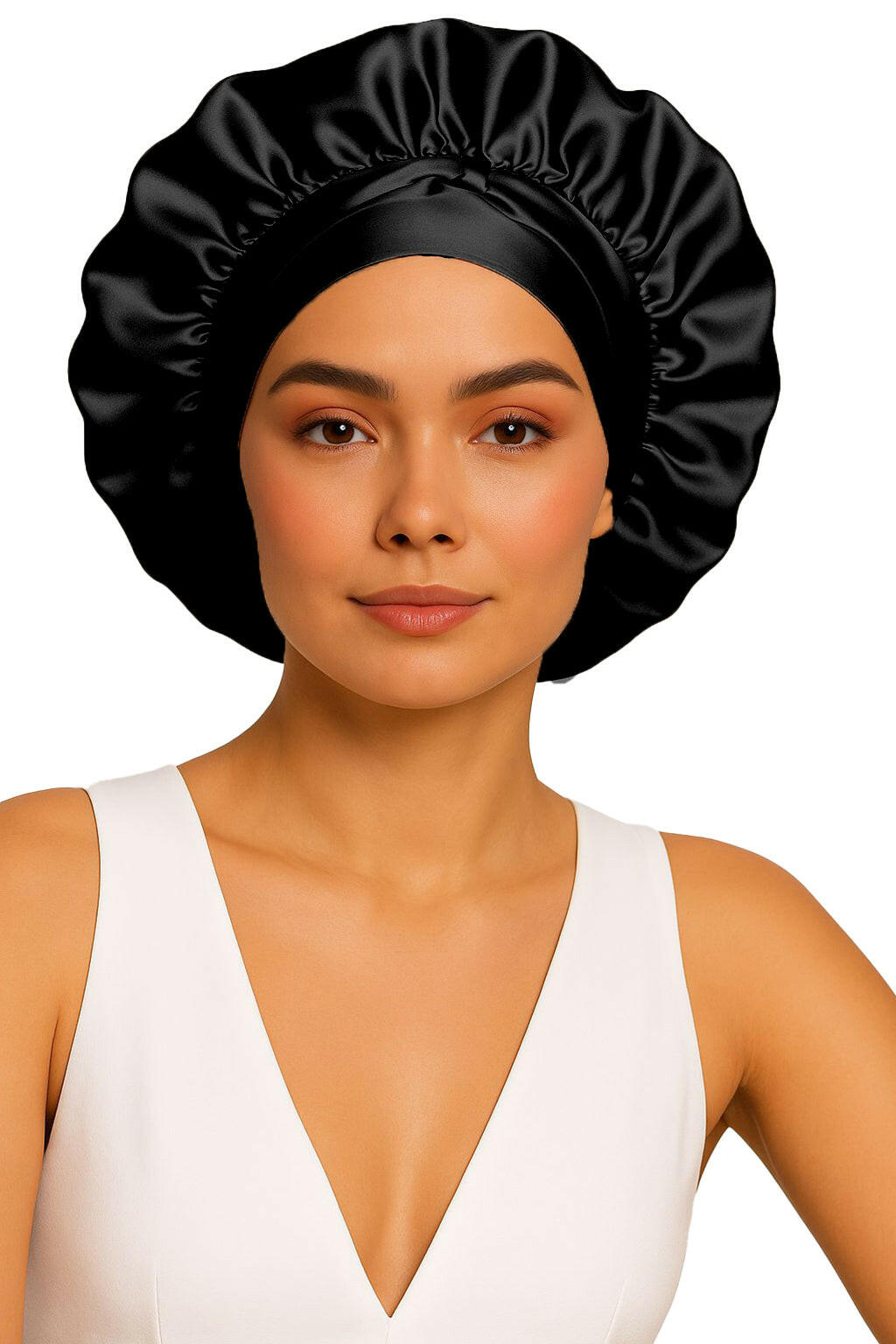 Porträttbild som framhäver en svart sidenbonnet. Den matta elegansen i tyget och den minimalistiska bakgrunden skapar ett uttryck av modern lyx, självsäkerhet och sofistikerad enkelhet.