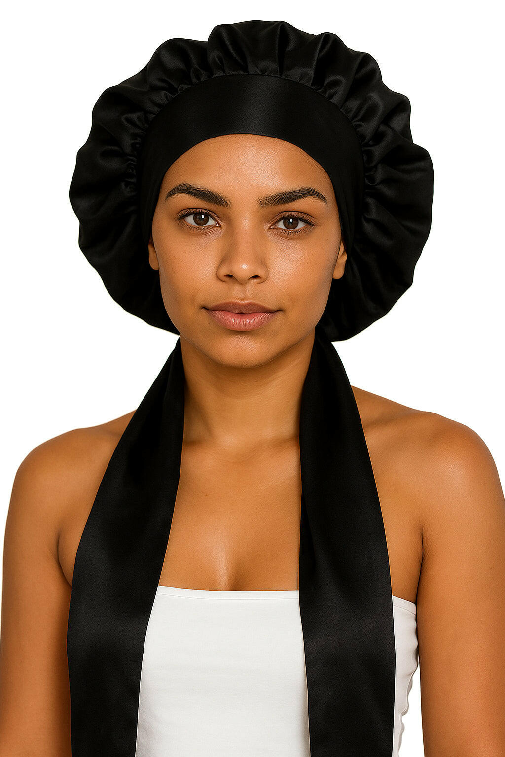 Silkesbonnet i svart, 100 % silke med knytband – nattmössa som skyddar hår och bevarar styling.
